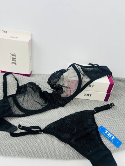 ست لباس زیر توری مشکی فنردار TRT مدل گلبرگ ایتالیایی