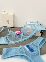 ست لباس زیر توری آبی آسمانی عمده TRT مدل رویال تور – سوتین و شورت گلدوزی گاز ایتالیایی پخش عمده