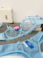 ست لباس زیر توری آبی آسمانی عمده TRT مدل رویال تور – سوتین و شورت گلدوزی گاز ایتالیایی پخش عمده