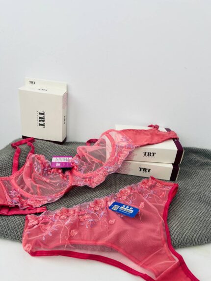 شورت لامبادا توری صورتی گلدوزی سه بعدی TRT – پخش عمده ست لباس زیر زنانه صورتی مرجانی